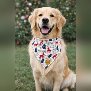 Set of 2 Crowned Beauty Christmas Dog Bandanas Reindeer Trees Holiday Pet Scarf